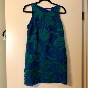 Blue and Green Palm Sleeveless Shift Dress